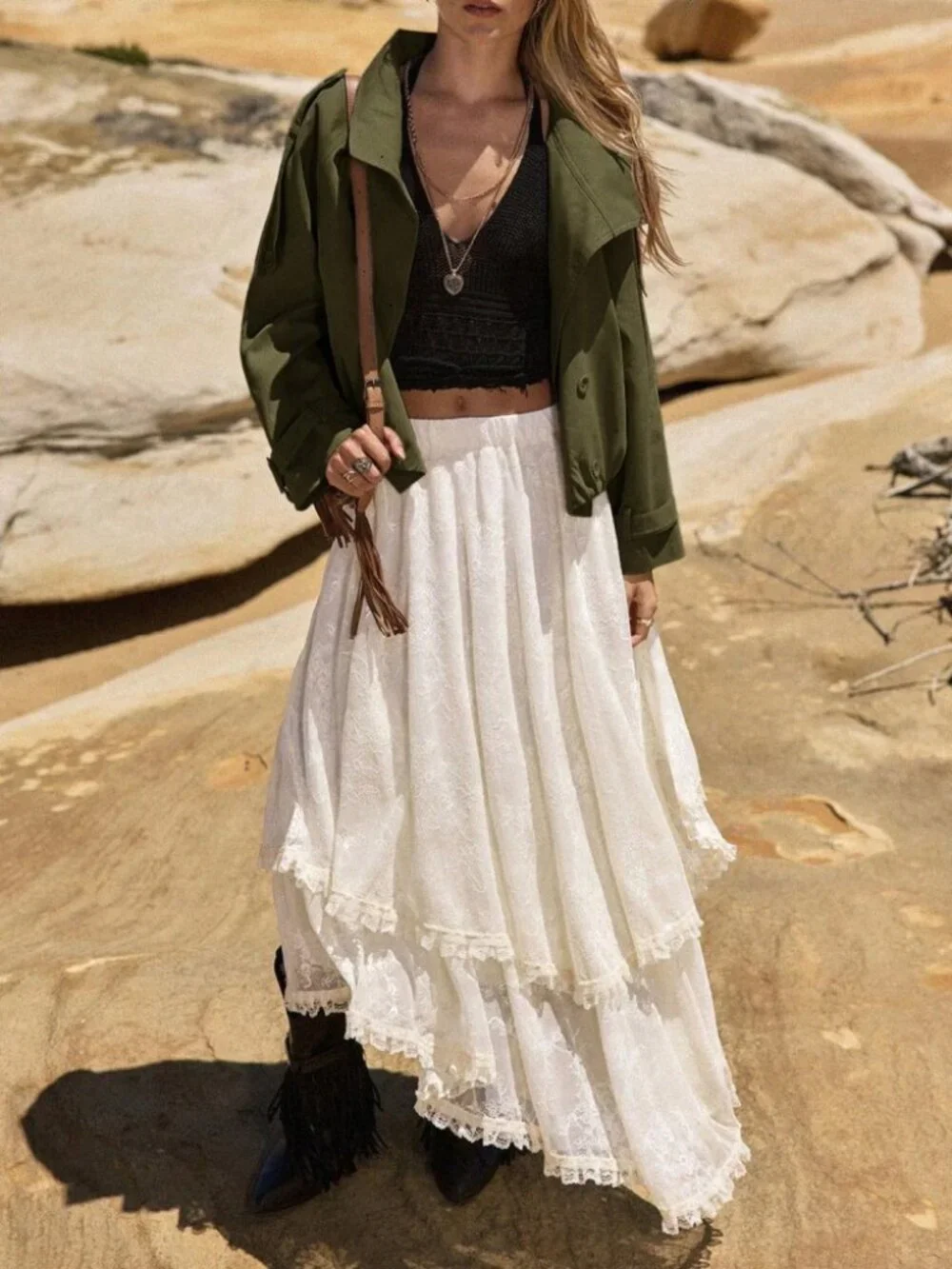 Olive Green Oversized Cropped Trench Jacket with Belted Cuffs